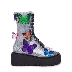 Dolls Kill Glitter Lace Up Boots clear with butterflies. Festival Rave Halloween